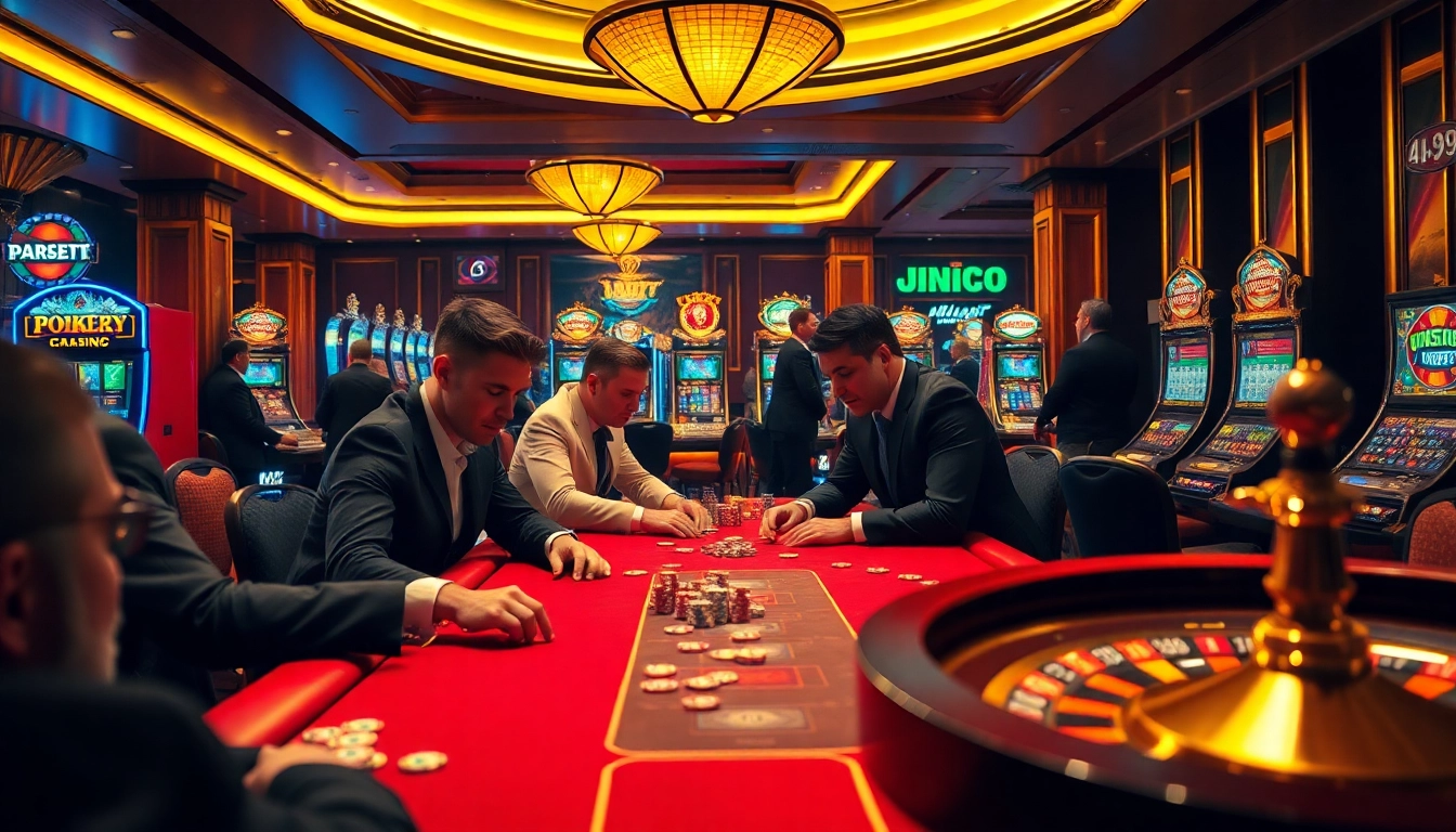 Engaged players at a J88 poker table, showcasing excitement and high stakes in a luxurious casino setting.