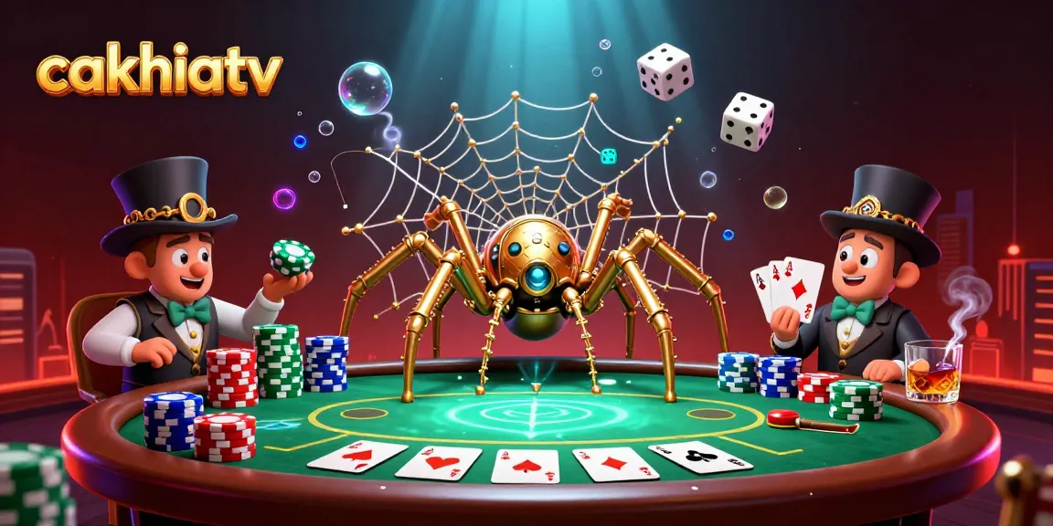 Cakhiatv features a golden spider catching dice in its web amidst poker elements and vibrant colors.