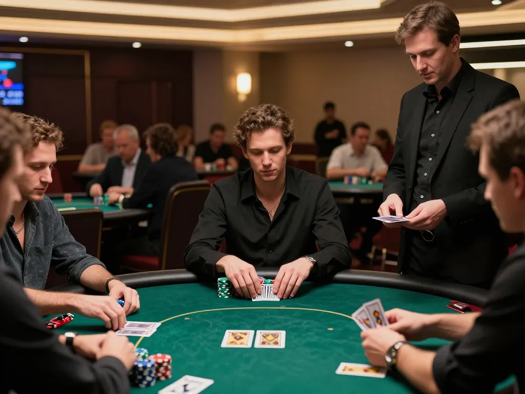S666hn players strategizing during an intense poker game in a luxurious casino environment.