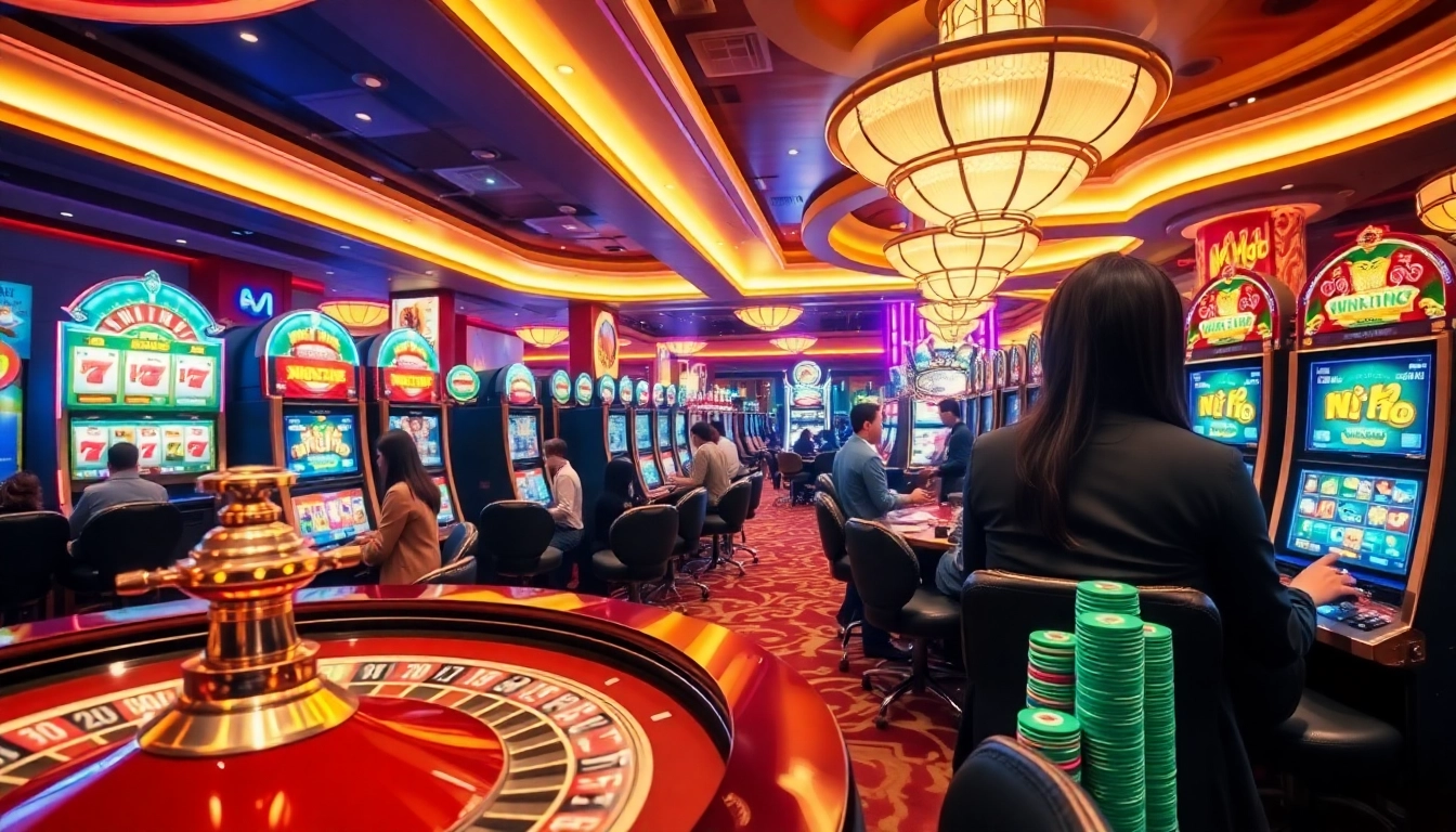 Experience the thrill of nổ hũ in a luxurious casino filled with vibrant slot machines and poker action.