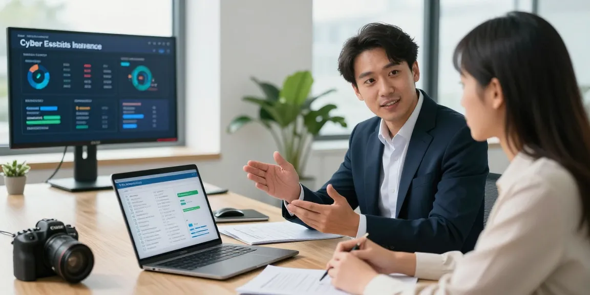 Engaging business discussion about cyber essentials insurance in a modern office setting.