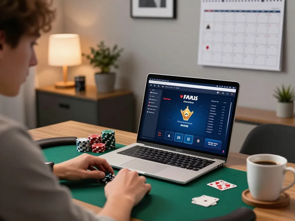 Tubidy music enhancing the poker experience as a player strategizes and engages at home.