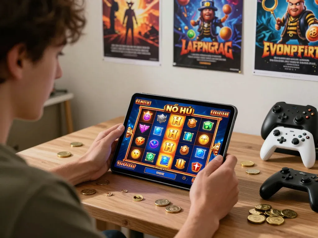 Nổ Hũ slot game experience with player excitement in a lively setting
