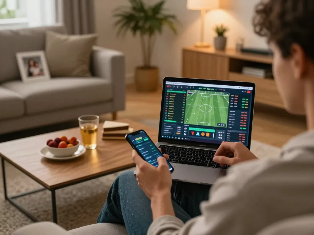 Engaging in sports betting online at https://vin88.is/ on a smartphone in a cozy living room setup.