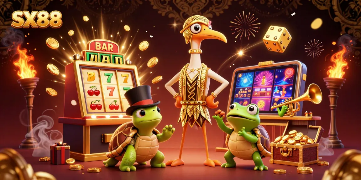 SX88 offers an exciting gaming experience with a dynamic 3D casino illustration featuring engaging characters and vibrant casino elements.