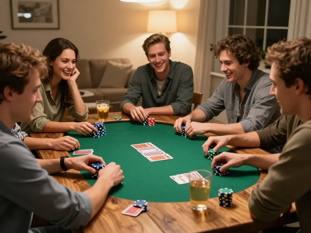 Friends enjoy a poker night at home, showcasing their strategies with TA88 amidst laughter and camaraderie.