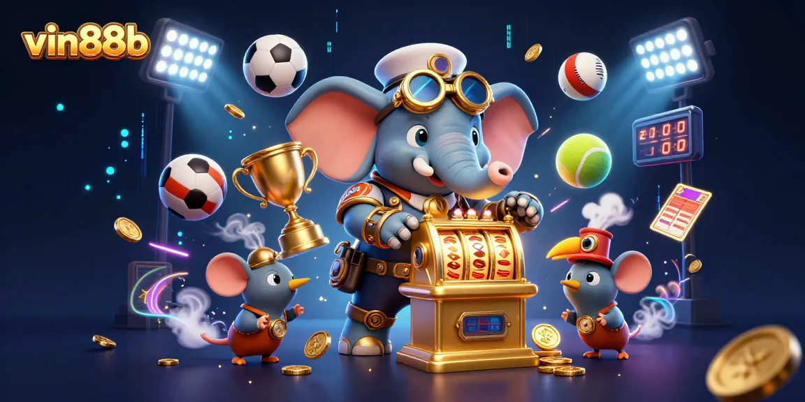 Experience winning moments at vin88b with a playful steampunk elephant and vibrant sports elements.