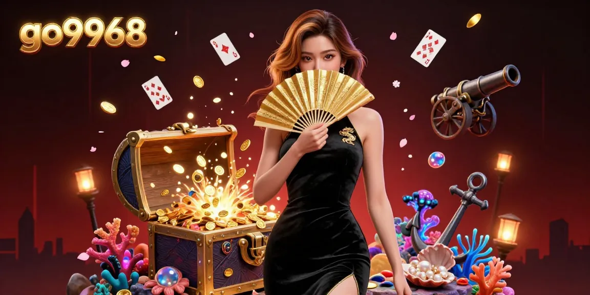 Engage with go9968 as a stunning Asian lady holds a golden fan amidst treasures and gaming elements.