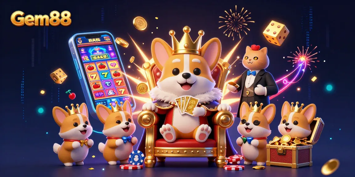 Experience exciting gameplay at Gem88 with dynamic elements featuring a royal corgi and epic casino themes.