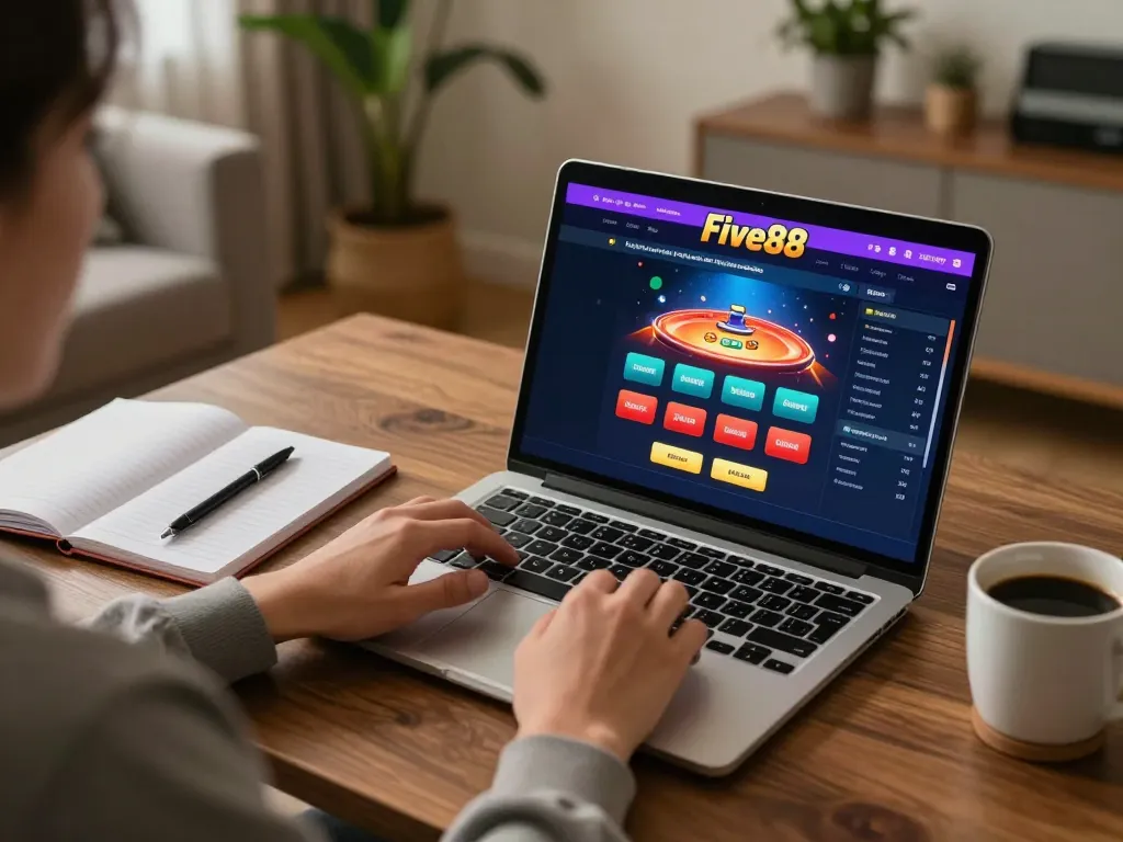 Person engaging in online gaming at five88, tracking strategies in a comfortable home setup.