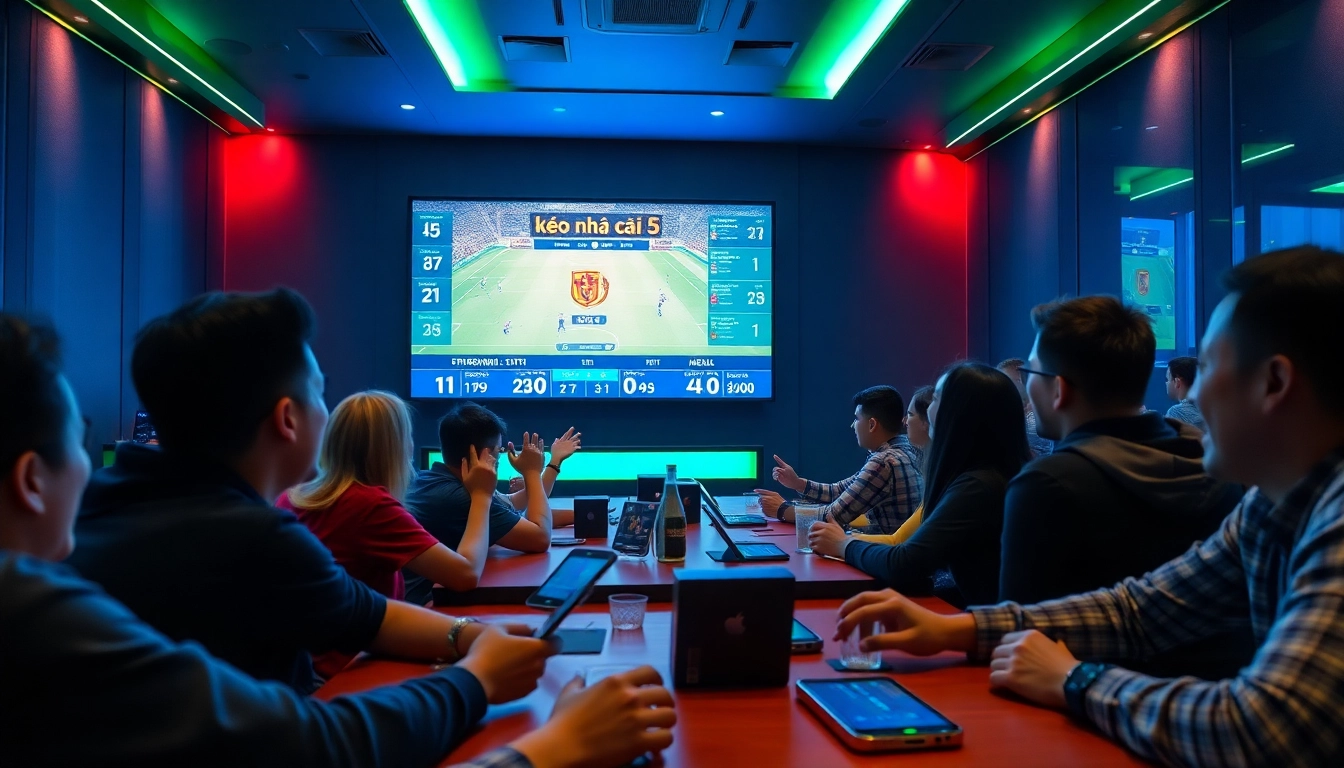 Exciting 'kèo nhà cái 5' football betting scene in a modern lounge with enthusiastic participants.