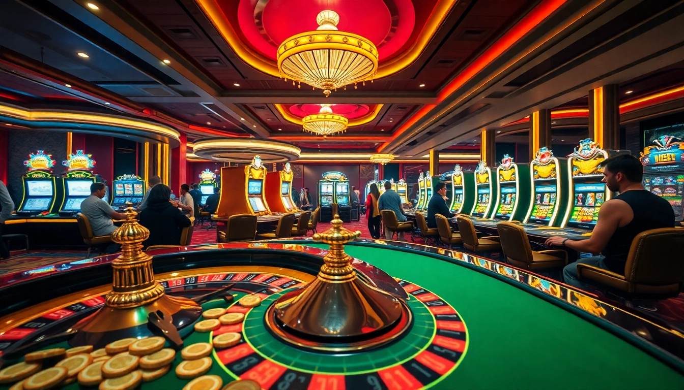 This dynamic casino scene showcases players enjoying various games at open88 com, highlighting excitement and luxury.
