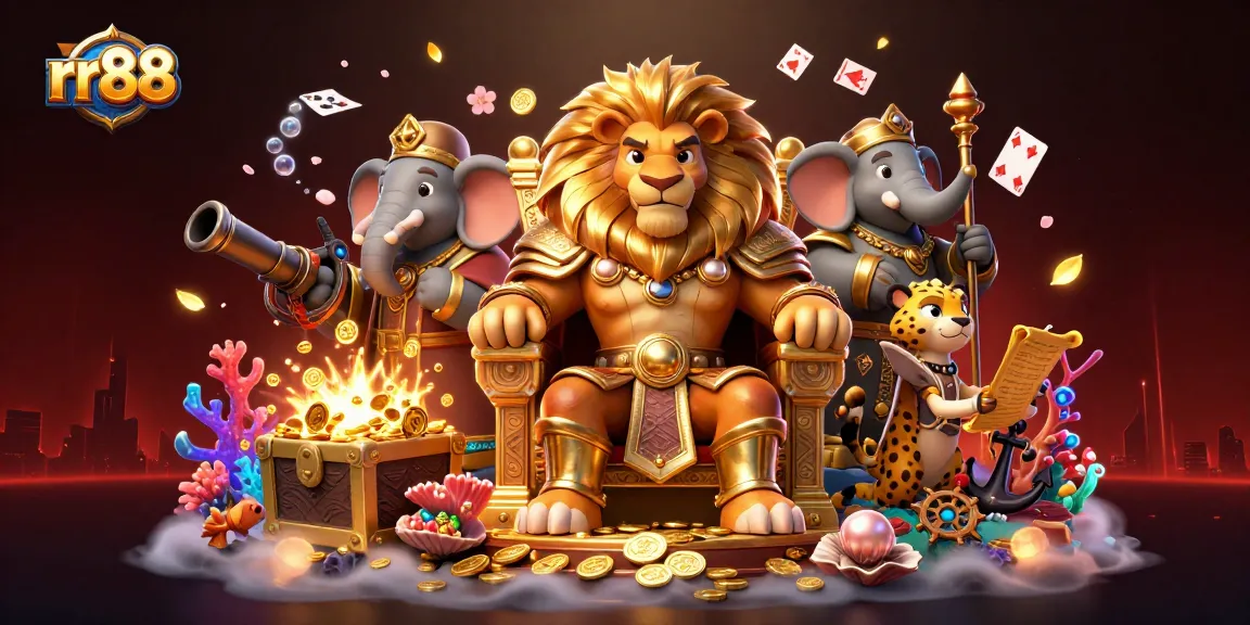 Experience thrilling gaming adventures with rr88, featuring an epic lion king on a treasure throne.