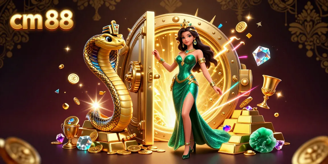 Bet at cm 88 with a vibrant casino scene featuring treasures, striking characters, and dynamic gaming elements.