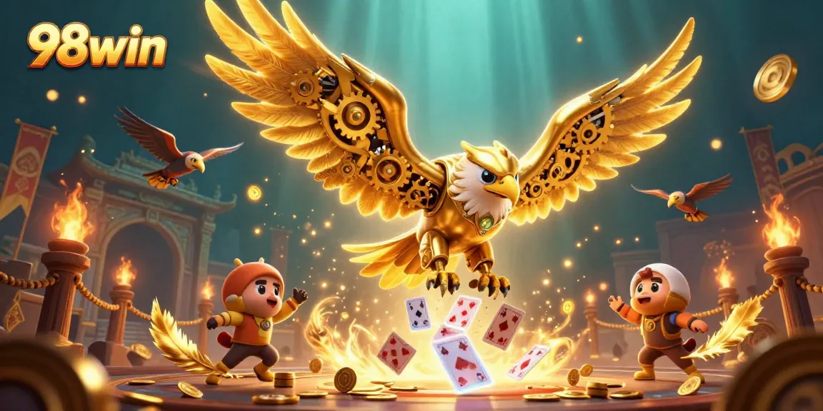 Win exciting games with 98win's vibrant casino scene featuring an eagle and cards