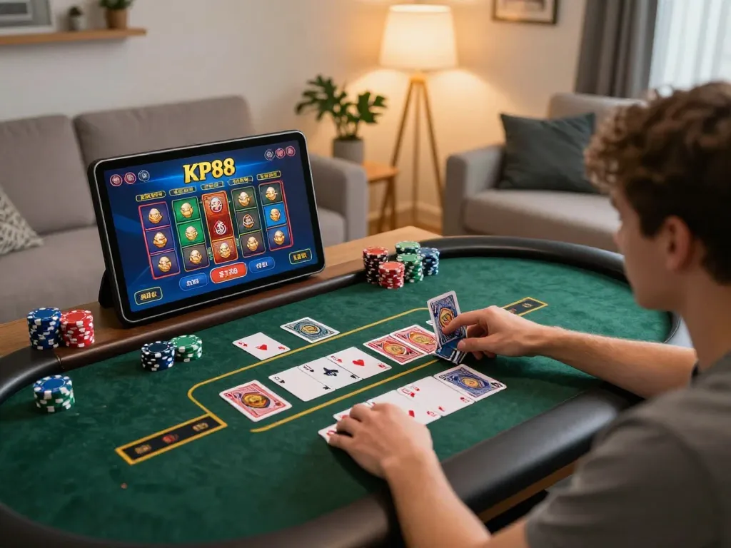 Engaging gameplay scene showcasing KP88 online casino interface on a tablet during a cozy home gaming session