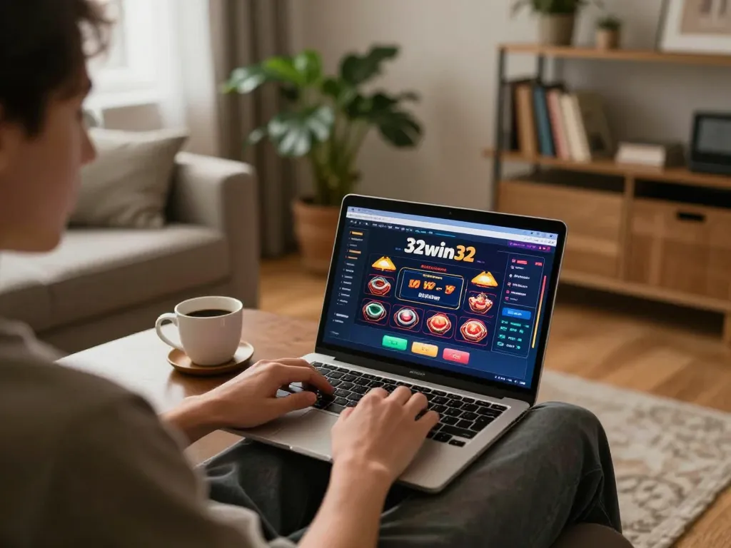 Engaging in 32win32 online betting at a cozy home setup with a laptop screen showing casino games.