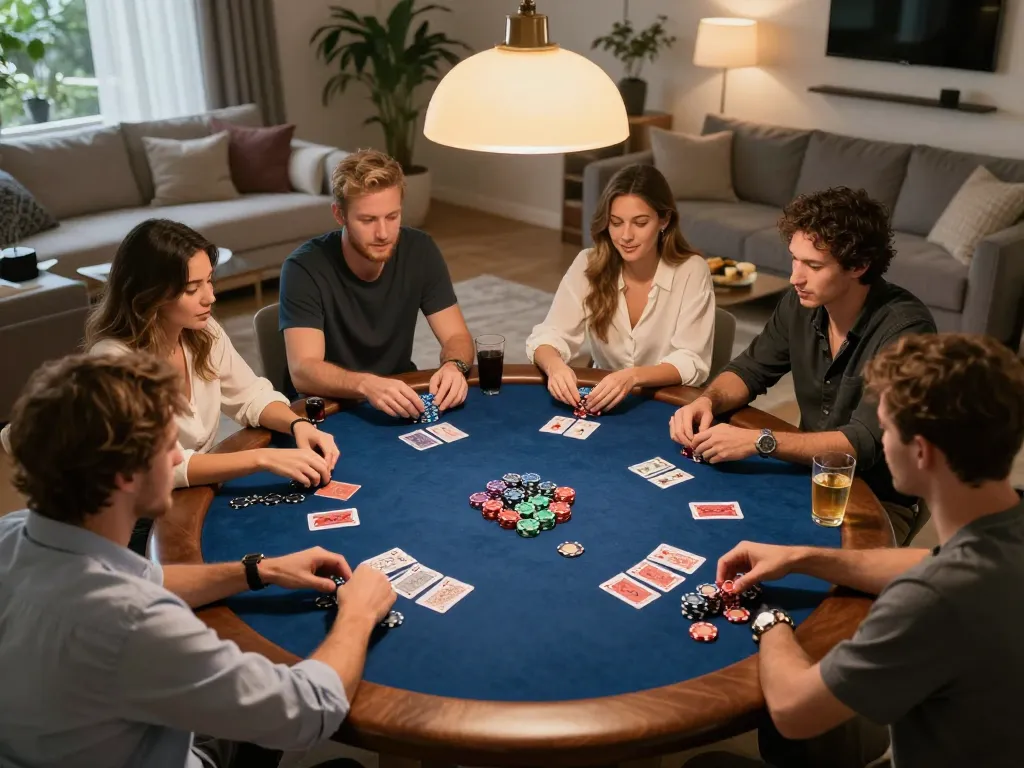UU88 players enjoying a competitive home poker night with engaging strategy discussions.