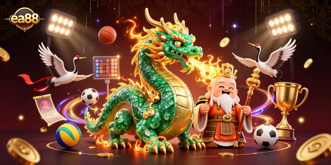 Experience thrilling gameplay at ea88, featuring a jade dragon and lucky cranes energizing a dynamic casino scene.