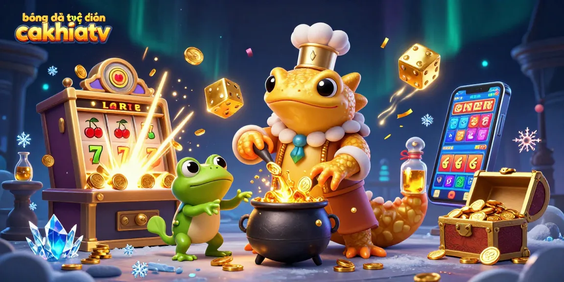 Bóng đá trực tuyến cakhiatv showcases engaging 3D casino action with gold coins, a lucky slot machine, and vibrant game elements.