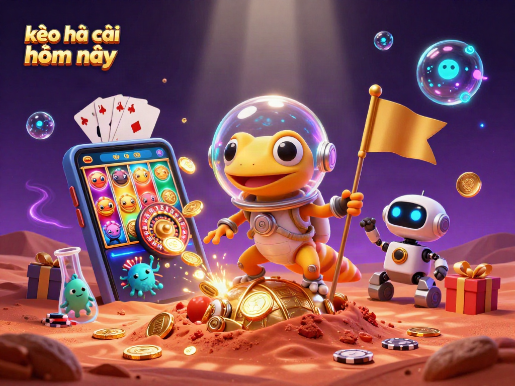Engage with kèo nhà cái hôm nay featuring a Martian gecko and a robot rover in a vibrant casino setting.