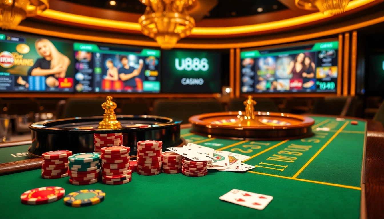 Exciting online gaming scene featuring u888 with casino elements like chips and cards.