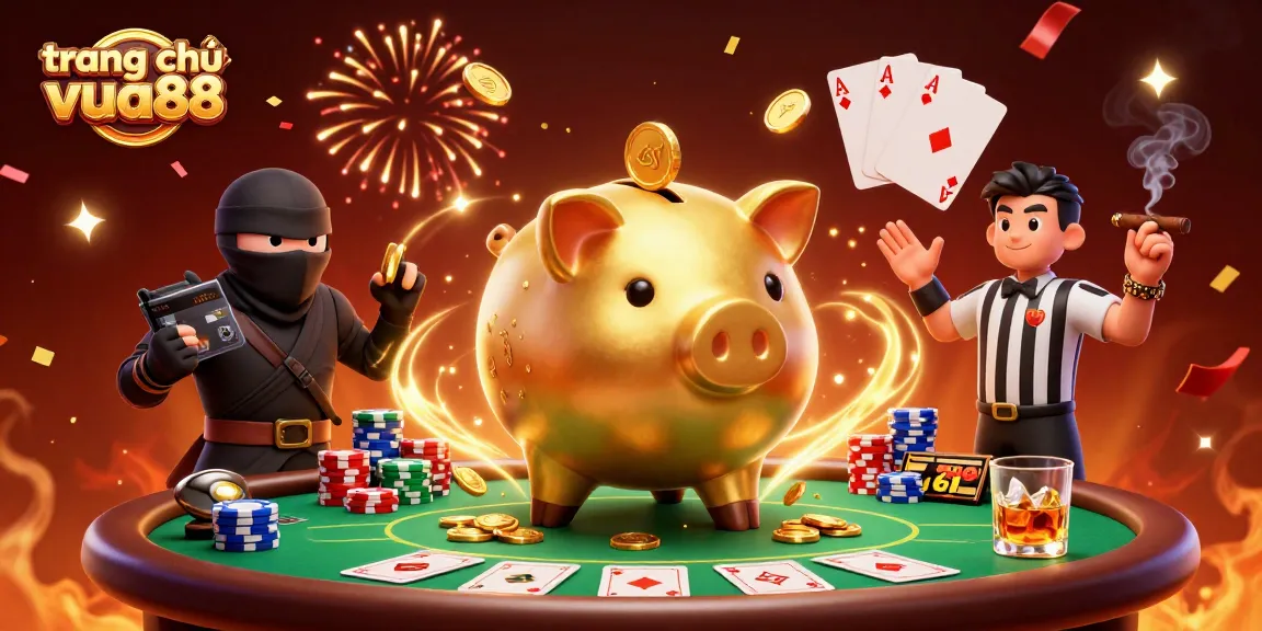 Engage with the fun at trang chủ vua88, featuring a golden piggy bank sumo wrestler and exciting gambling elements.