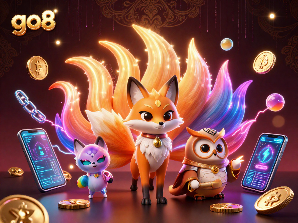Engage in thrilling play at go8 with a vibrant 3D illustration of animated spirits and dynamic crypto elements.