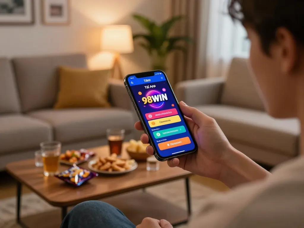 Tải App 98WIN on a smartphone showcasing online betting options in a cozy living room.