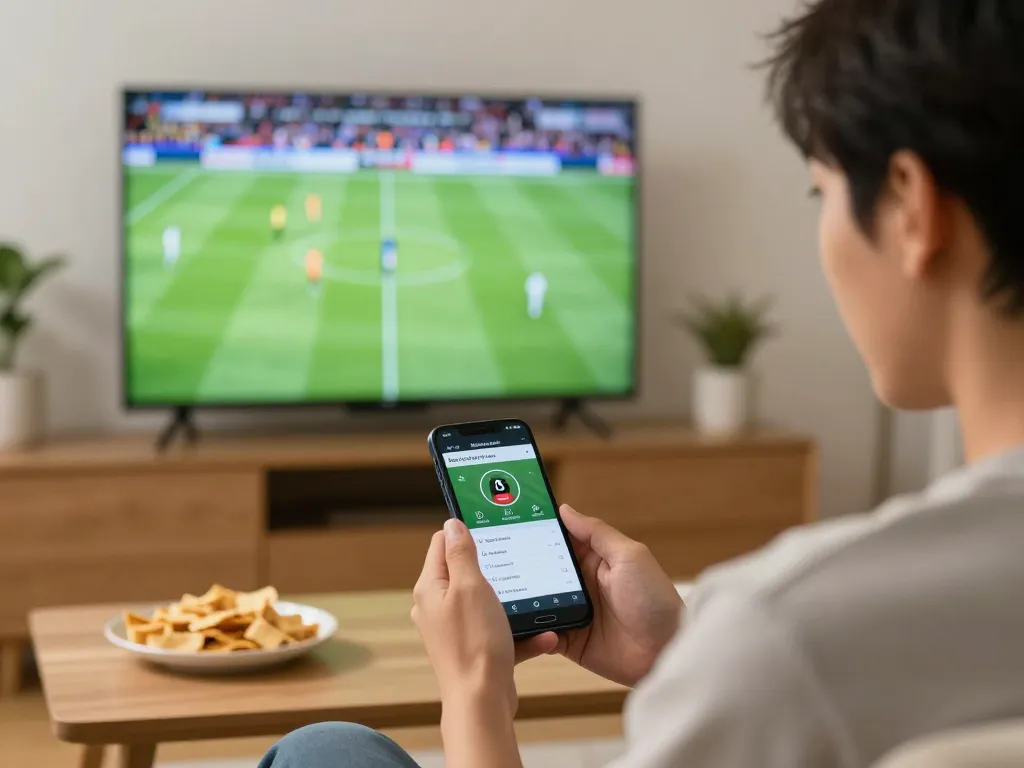 Engaging in kèo bóng đá trực tuyến while watching a live football match on a smartphone, showcasing the excitement of sports betting.
