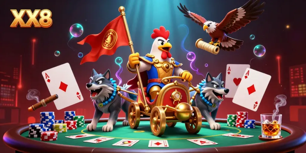 Experience strategic gameplay at XX8 with a dynamic 3D casino scene featuring poker action.