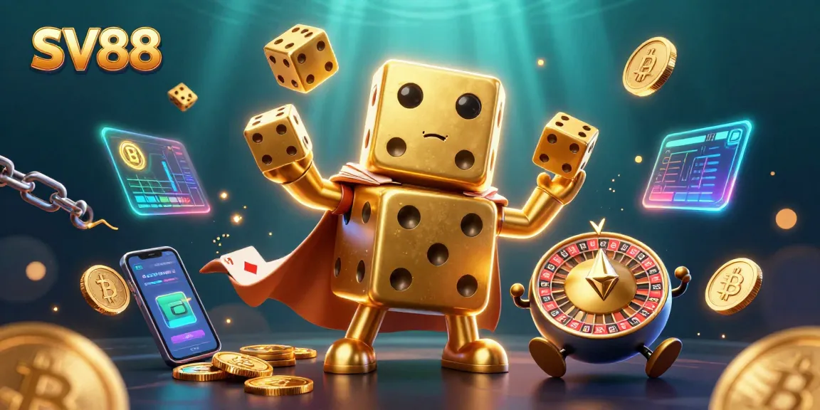Experience thrilling gaming with SV88's vibrant casino scene featuring golden dice and dynamic crypto elements.