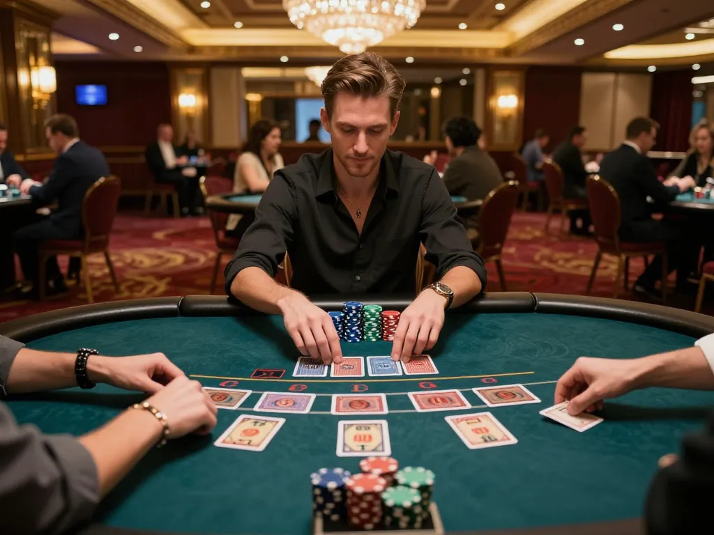 Okfun player strategizing at a blackjack table in a luxury casino setting with chips and cards