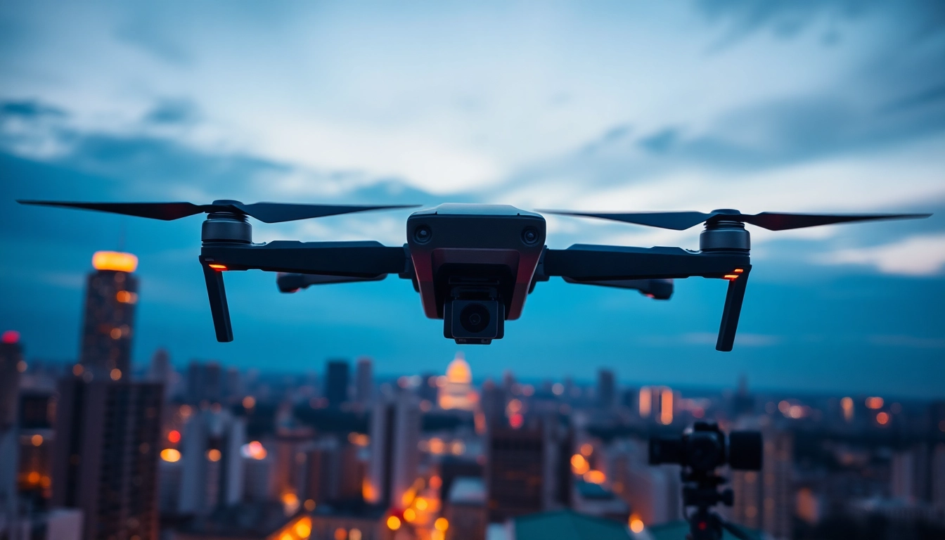 dji matrice 4d drone capturing stunning aerial views of a city at dusk.