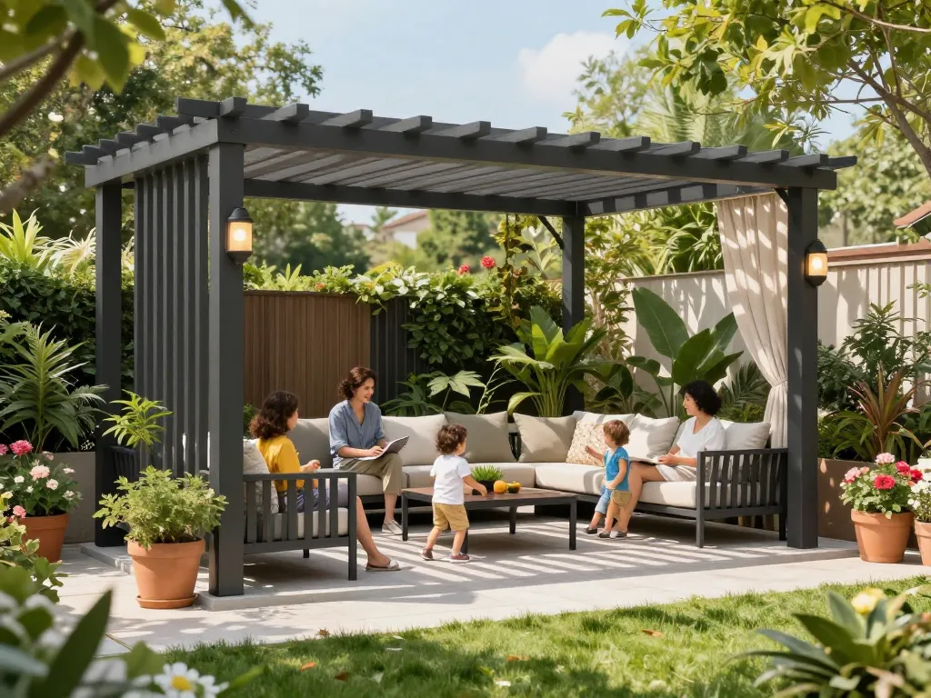 Configuratore pergole 3D che crea un bellissimo spazio esterno con una famiglia che si gode del tempo sotto un design di pergola moderna.