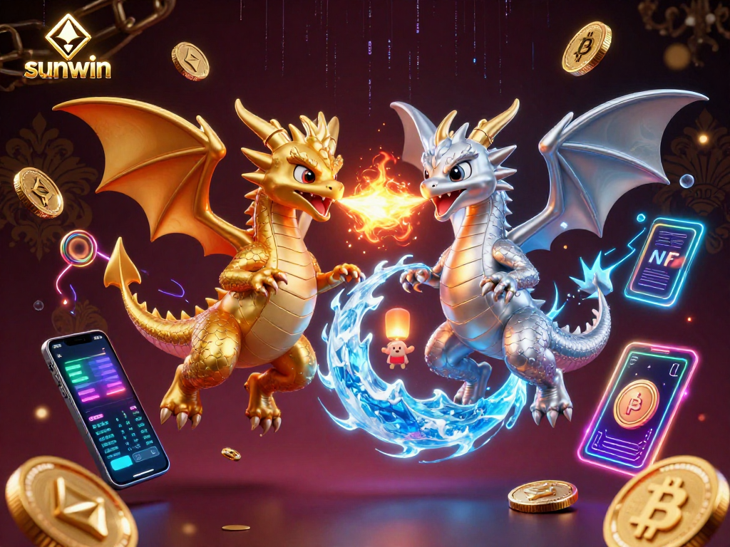 Experience the exhilarating world of sunwin with twin dragons representing fire and ice, surrounded by crypto elements.