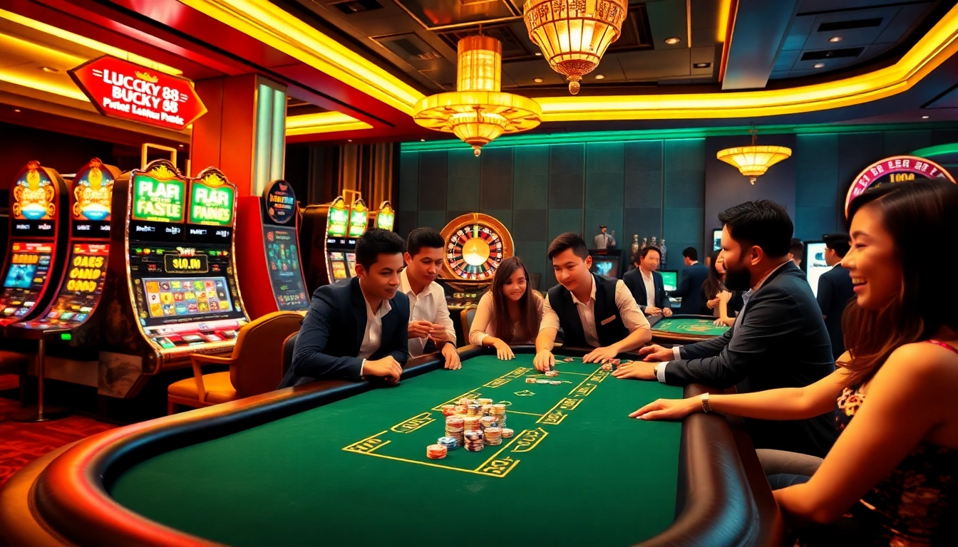 Experience thrilling gameplay at LUCKY88 with vibrant slot machines and engaged players.