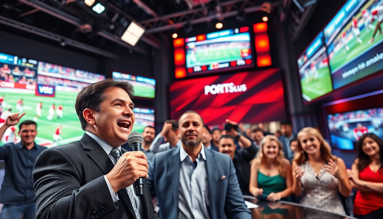 An energetic sports broadcasting scene with diverse commentators discussing live events, showcasing the excitement of Sports Broadcasting.