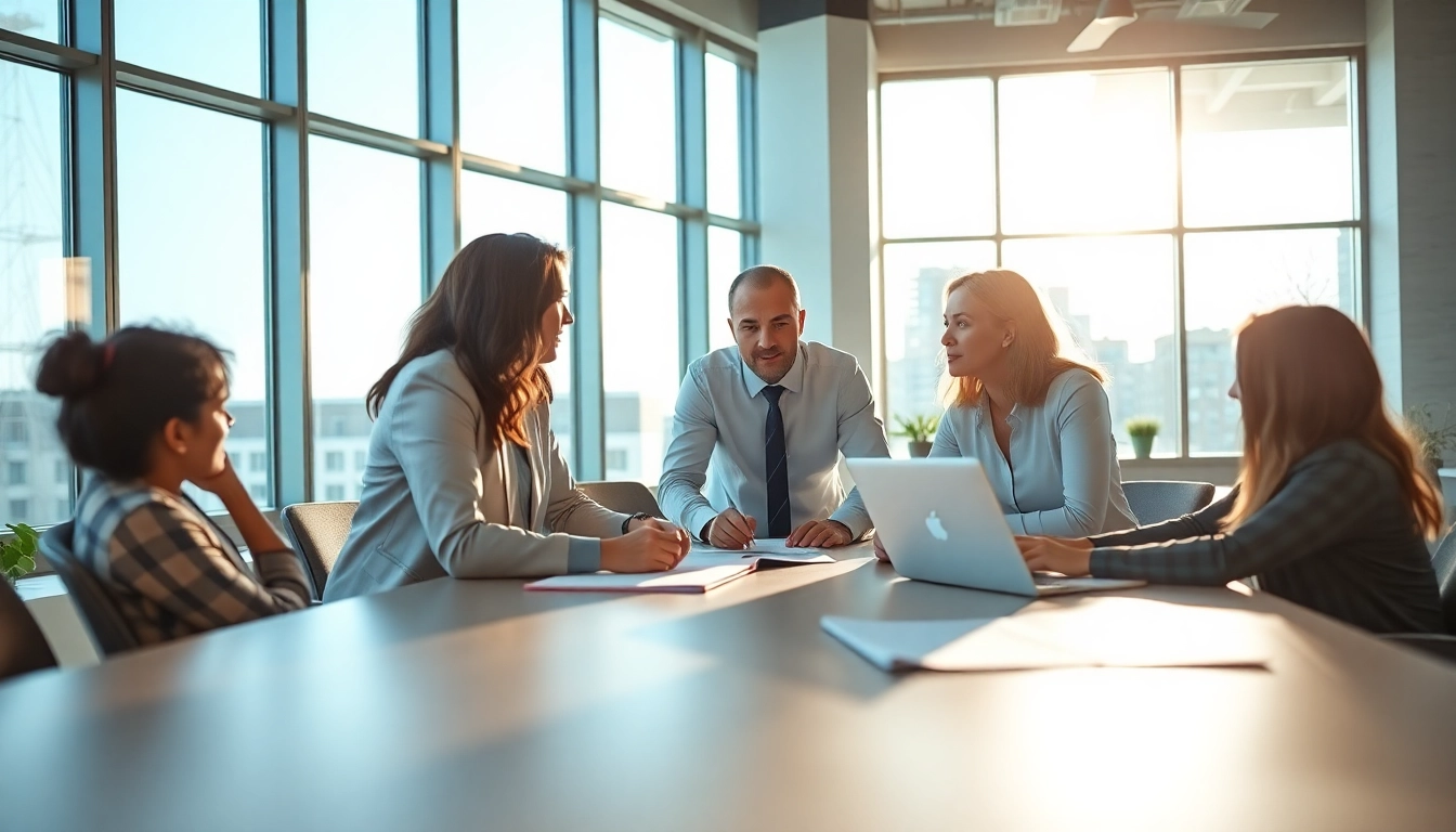 Marketing Consultant advising a team in a bright office, fostering collaboration and strategy.