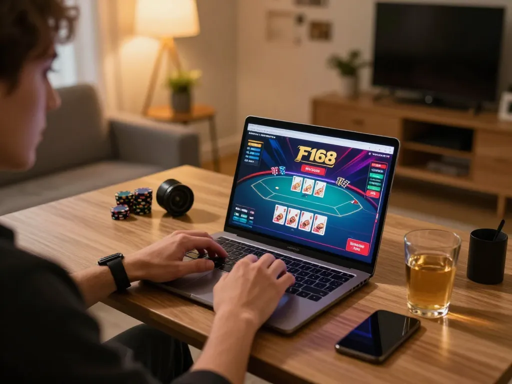 Person enjoying online casino gaming on F168 at home, showcasing a cozy gaming atmosphere.