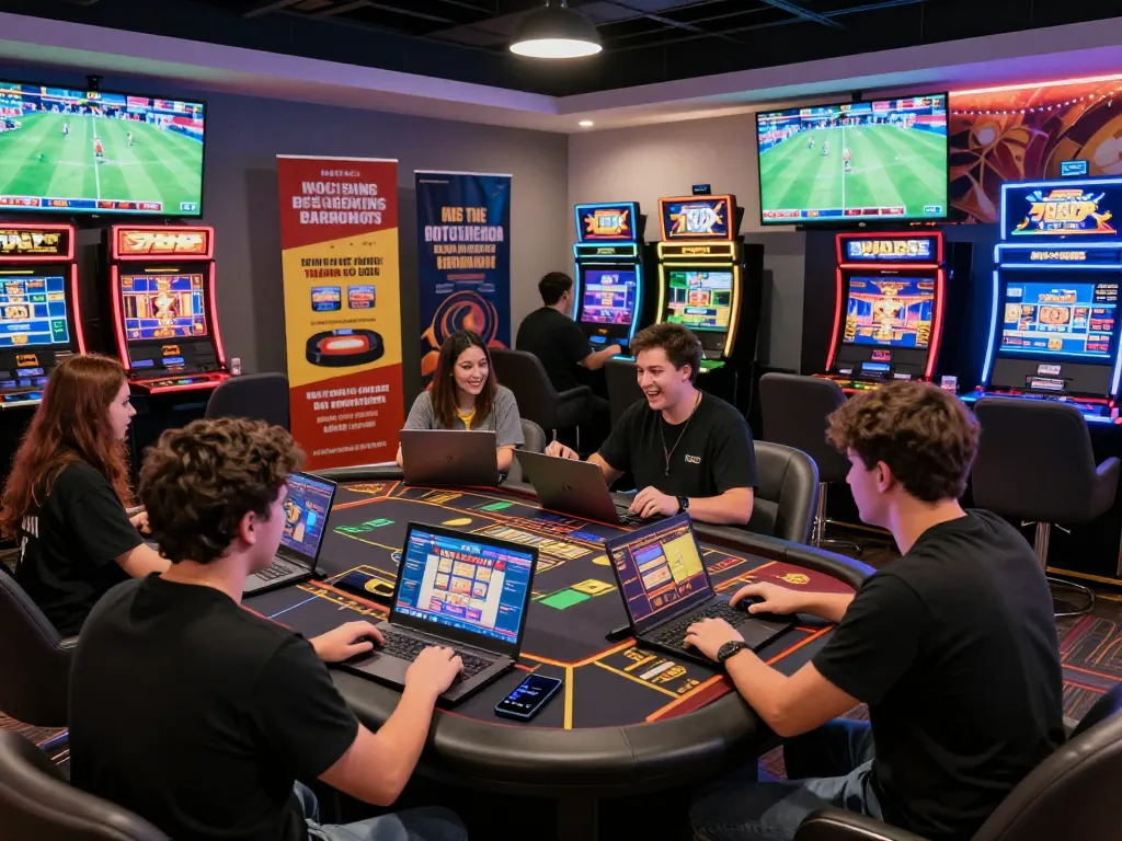 Gamers enjoying diverse experiences at 789P with live casino, sports betting, and vibrant slot machines in a modern gaming lounge atmosphere.