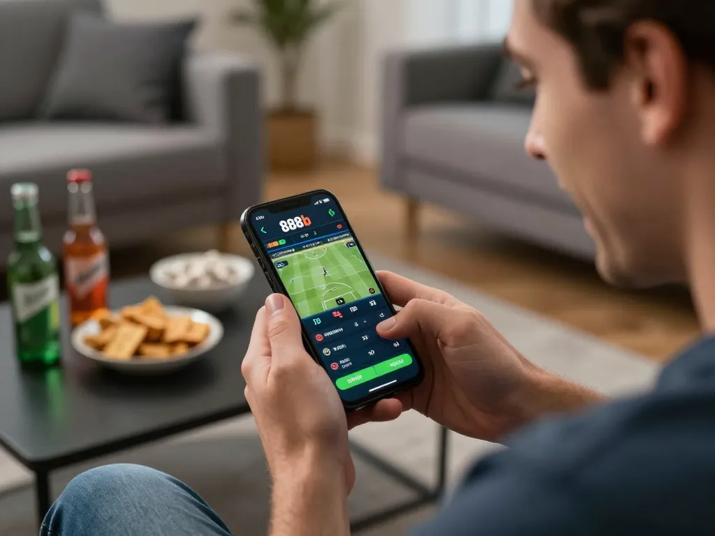 Player engaging in sports betting using the 888b app on smartphone during a home game.