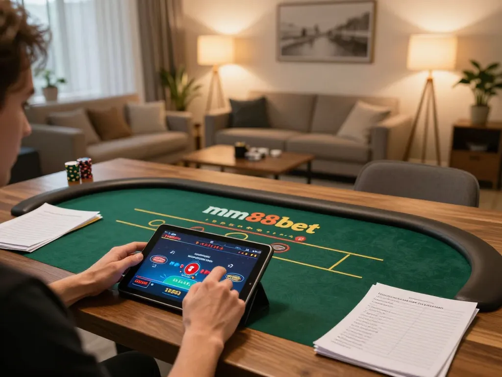 Player engaged in an exciting mm88bet poker game on a tablet in a cozy home setting, with strategy notes visible.
