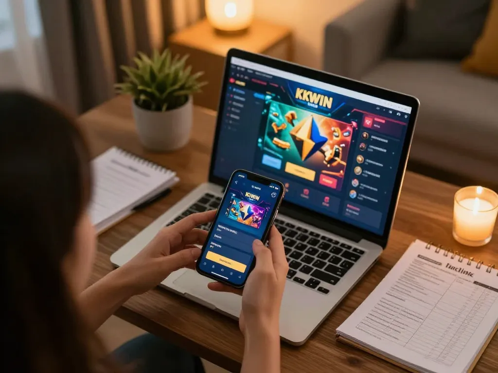Engaging gameplay using the KKWIN LINK app on a smartphone in a cozy home setting.