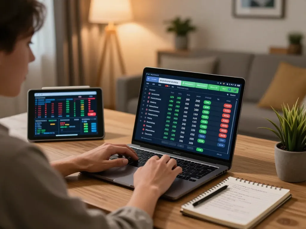 Person analyzing tỷ lệ kèo on laptop for strategic sports betting in a cozy setting