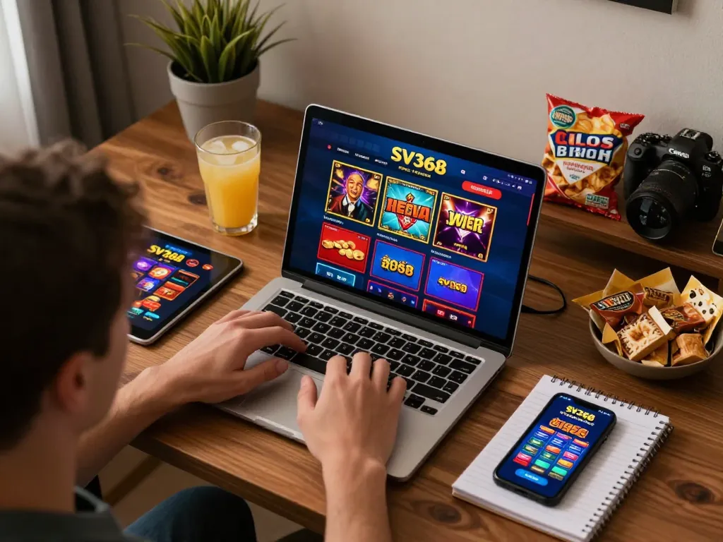 Experience thrilling online gaming with SV368, showcasing an engaging laptop interface and a cozy home setup.