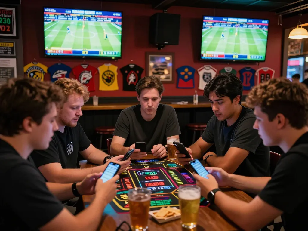 Excited bettors engaging with their phones while placing wagers at nhà cái XO88 in a lively sports bar atmosphere.