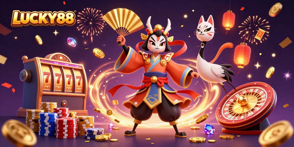Experience thrilling gameplay with LUCKY88 - vibrant 3D illustration of kabuki warrior and casino elements.