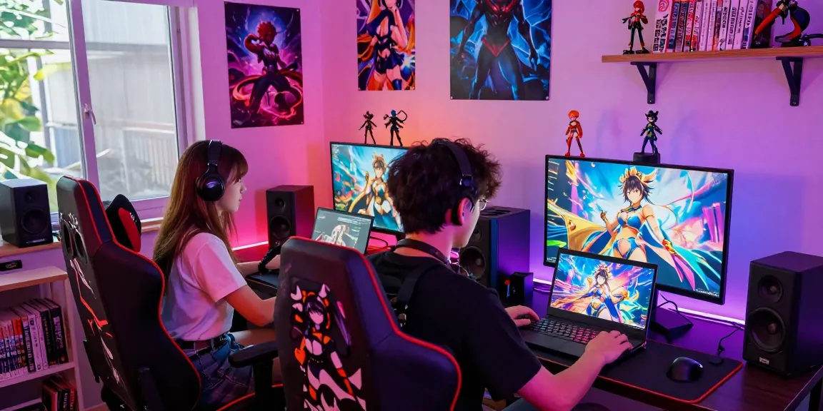 Engaged players enjoying a colorful hentai game in a vibrant gaming room.