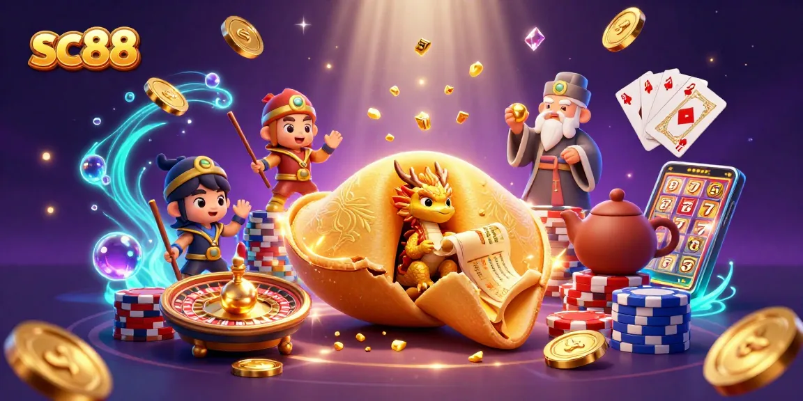 Experience thrilling wins at SC88 with a vibrant casino scene featuring fortune cookies, dragons, and golden treasures.